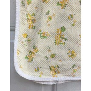 Vintage 1970s Carters Blanket Yellow Green Trains Toys Polka Dots Cotton 36 x 36